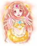 :d bow brooch bubble_skirt choker circlet cure_muse cure_muse_(yellow) dodai_shouji dress hair_ribbon happy heart highres jewelry long_hair magical_girl open_mouth orange_hair outstretched_hand precure red_eyes ribbon shirabe_ako sho~taro smile solo suite_precure 