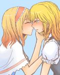  2girls alice_margatroid ascot blonde_hair blush braid capelet closed_eyes couple hairband hand_on_another&#039;s_cheek hand_on_another&#039;s_face incipient_kiss kirisame_marisa long_hair multiple_girls nip_to_chip no_hat open_mouth short_hair side_braid touhou yellow_eyes yuri 