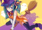  alternate_hairstyle ass bell black_legwear blue_eyes bow broom elbow_gloves ghost gloves green_hair hair_ornament hairclip halloween hat hatsune_miku jack-o&#039;-lantern jack-o'-lantern jingle_bell pumpkin pumpkin_hair_ornament solo straddle thigh-highs thighhighs twintails tyun vocaloid witch_hat 