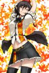  :3 arms_up black_hair black_wings closed_eyes eyes_closed hat low_wings midriff navel oso_(toolate) pointy_ears shameimaru_aya short_hair skirt solo stretch thigh-highs thighhighs tokin_hat touhou wings 