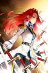  breasts coat cocoon_(loveririn) epaulettes gloves jaina_preventer jeyina leggings long_hair lowres outstretched_arms red_hair redhead solo striped sword sword_girls weapon yellow_eyes 