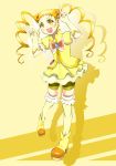  blonde_hair cure_lemonade dress drill_hair earrings gyuniku highres jewelry kasugano_urara long_hair magical_girl open_mouth precure shadow shorts_under_skirt skirt smile solo thigh-highs thighhighs twintails v yellow yellow_background yellow_dress yellow_legwear yes!_precure_5 