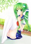  alternate_hairstyle frog green_eyes green_hair hair_ornament hair_tubes hand_on_own_chest hand_to_chest knees_together_feet_together knees_touching kochiya_sanae light_smile nikoo no_shoes panties pantyshot pantyshot_(sitting) pantyshot_sitting school_uniform sitting smile snake solo thigh-highs thighhighs touhou twintails underwear white_legwear white_panties 