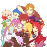  beard blonde_hair blue_hair brown_eyes brown_hair cheria_barnes facial_hair glasses gloves heterochromia hubert_ozwell hug long_hair malik_caesars multicolored_hair pascal pi-xi-v purple_hair red_hair redhead richard_(tales_of_graces) scarf smile sophie_(tales_of_graces) tales_of_(series) tales_of_graces twintails v wink 