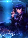  belt black_hair cigarette cityscape closed_eyes emiya_kiritsugu eyes_closed facial_hair fate/stay_night fate/zero fate_(series) full_moon gun hand_in_pocket highres jacket male moon necktie night night_sky sky solo stubble sunakumo thompson_contender weapon 