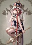  :o ;o arm_up bare_legs barefoot beads blue_eyes bobo1983 breasts cleavage crown dress hair_ornament head_tilt highres jewelry looking_at_viewer open_mouth original red_hair redhead scepter short_hair signature sitting solo throne wink 