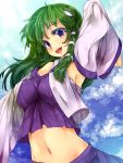  arm_up armpits blue_eyes blue_sky breasts cloud detached_sleeves floral_print frog green_hair hair_ornament highres kochiya_sanae midriff navel open_mouth shirt skirt sky smile snake solo touhou ukyo_rst vest 