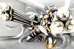  bare_shoulders blue_hair breasts casing_ejection cleavage cleavage_cutout dual_wielding firing gatling_gun gun kos-mos long_hair motion_blur muzzle_flash one_knee red_eyes shell_casing solo tect thigh-highs thighhighs underboob weapon white_legwear xenosaga xenosaga_episode_iii 