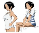  black_hair blue_eyes character_sheet copyright_request frown hands_on_hips minato_fumi no_pants simple_background smile solo 