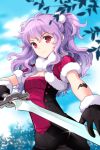  bolero gloves hair_ornament long_hair lowres markings nardack pink_eyes purple_hair shiraz short_twintails shorts solo sword sword_girls twintails weapon 