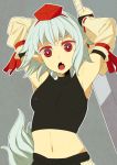  1girl armpits arms_up bad_id breasts bust detached_sleeves fang inubashiri_momiji midriff navel ogino_(oginogino) open_mouth pointy_ears red_eyes short_hair silver_hair simple_background solo sword tail touhou weapon wolf_tail 