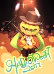  2011 bad_id detached_sleeves green_eyes green_hair halloween hand_on_hip hat hatsune_miku head_tilt highres hips jack-o&#039;-lantern jack-o'-lantern long_hair need6699955 open_mouth pumpkin pumpkin_hat solo top_hat twintails very_long_hair vocaloid 