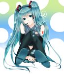  boots detached_sleeves hatsune_miku head_tilt headset highres long_hair sitting skirt smile solo thigh-highs thigh_boots thighhighs twintails very_long_hair vocaloid yukino_koto 