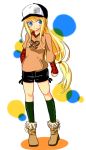  argyle argyle_legwear baseball_cap black_legwear blonde_hair blue_eyes contemporary emilie_de_rochefort green_legwear hat ichiran kneehighs long_hair namco shirt shoes shorts smile solo tekken 