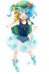  ;d blue_eyes blue_hair dress hair_bobbles hair_ornament happy hat highres jue_jue kawashiro_nitori key one-piece_swimsuit open_mouth school_swimsuit see-through shoes short_hair simple_background smile solo swimsuit touhou twintails water_gun wink 