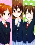  brown_hair closed_eyes eyes_closed glasses half_rim_glasses hirasawa_ui k-on! manabe_nodoka ponytail red-framed_glasses roino school_uniform semi-rimless_glasses short_hair suzuki_jun twintails under-rim_glasses 