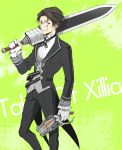  alternate_costume alvin_(tales_of_xillia) bad_id black_hair brown_eyes dual_wielding formal gloves green_background gun male monocle over_shoulder pants smile solo suit sumeragi_(sume) sumeshi_(ambivalince) sword sword_over_shoulder tales_of_(series) tales_of_xillia title_drop weapon weapon_over_shoulder white_gloves 