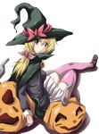  blonde_hair charlotte_dunois from_behind halloween hat infinite_stratos jack-o&#039;-lantern jack-o'-lantern long_hair looking_back mister_(black_and_white) pumpkin purple_eyes solo thigh-highs thighhighs violet_eyes witch_hat 