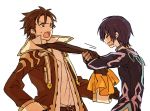  alvin_(tales_of_xillia) black_hair blush brown_eyes brown_hair cravat gloves jacket jude_mathis male multiple_boys pulling scarf tales_of_(series) tales_of_xillia tayako white_background 