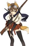  1girl brown_eyes brown_hair gauntlets goggles goggles_on_head gun hand_on_leg japanese_clothes katou_keiko leaning_forward military military_uniform ningen_(ningen96) pistol scarf short_hair smile solo strike_witches tail thigh-highs thighhighs uniform weapon wink 