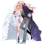  armlet blonde_hair blue_eyes bow cape crown dress dual_persona flower genderswap gloves hair_bow jacket jewelry katsu_ryouji long_hair macross macross_frontier macross_frontier:_sayonara_no_tsubasa necklace outstretched_arm outstretched_hand pink_rose ponytail red_rose rose selfcest sheryl_nome short_dress simple_background single_earring skirt_hold standing standing_on_one_leg veil vest white_dress white_gloves 