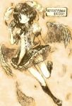  :d :q black_hair bloomers camera feathers geta hat highres kingin monochrome musical_note open_mouth shameimaru_aya short_hair sketch skirt smile solo tokin_hat tongue touhou translation_request wings 