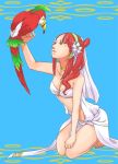  barefoot bird bird_on_hand choker dress feet flower harem_outfit jewelry kneeling long_hair magi_the_labyrinth_of_magic morgiana navel necklace ornament parrot red_hair redhead rihara smile solo white_dress 