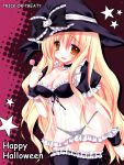  :3 black_bra black_panties blonde_hair blush blush_stickers candy cat copyright_request emily_(pure_dream) frills halloween happy_halloween hat lingerie lollipop long_hair panties see-through solo star thigh-highs thighhighs trick_or_treat underwear witch_hat 
