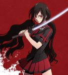  black_hair blood blood-c katana kisaragi_saya long_hair red_eyes school_uniform slit_pupils solo sword twintails very_long_hair weapon 