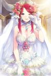  blue_eyes blush bow breasts choker cleavage crying dress flower flowers frills gathers gloves jewelry large_breasts long_hair lowres necklace open_mouth pink_rose red_hair redhead rihanna rose roses ruffles russel_(yumeriku) solo sword_girls tears veil wedding_dress 