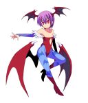  bridal_gauntlets demon_girl flat_chest head_wings highres lilith_aensland n_(ruff) pantyhose print_pantyhose purple_hair red_eyes shoes short_hair simple_background slit_pupils solo succubus vampire_(game) wings 