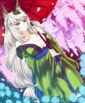  animal_ears blue_eyes breasts cherry_blossoms cleavage collarbone curly_hair dutch_angle flower fox_ears highres japanese_clothes kimono large_breasts leaf leaf_on_head long_hair oboro_muramasa oriental_umbrella pinky_out r-wade silver_hair solo umbrella very_long_hair yuzuruha 