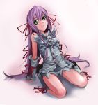  demonbane goichi green_eyes hair_ribbon kneeling long_hair purple_hair ribbon solo wrist_cuffs 