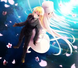  ahoge back-to-back black_gloves blonde_hair coat dutch_angle fate/stay_night fate/zero fate_(series) formal gloves green_eyes irisviel_von_einzbern long_hair miyako910724 multiple_girls necktie pant_suit petals ponytail red_eyes saber suit water white_hair winter_clothes 