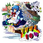  arms_up blue_hair boots bow food fruit halo hat hat_removed headwear_removed heart hinanawi_tenshi keystone long_hair navel oarfish open_mouth pandora-ex peach rainbow red_eyes skirt smile solo touhou yin_yang 