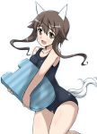  1girl animal_ears brown_eyes brown_hair highres kickboard looking_at_viewer open_mouth school_swimsuit solo strike_witches swimsuit tail takei_junko yumekaranigeruna 