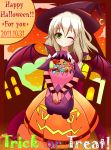  absurdres alternate_costume blonde_hair candy creature dress elise_lutas elise_lutus green_eyes halloween happy_halloween hat highres jack-o&#039;-lantern jack-o'-lantern long_hair orange_dress pumpkin tales_of_(series) tales_of_xillia tipo_(xillia) tippo trick_or_treat wings wink witch witch_hat zelf 