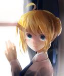 ahoge bisonbison blonde_hair casual face fate/stay_night fate_(series) green_eyes hair_ribbon hand_on_window lens_flare light_smile portrait ribbon saber solo window 