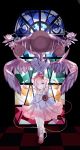  checkered checkered_floor crack cracks eyeball flower flower_on_head hair_flower hair_ornament heart highres komeiji_satori nekokyu pink_eyes pink_hair rose short_hair skirt solo stained_glass third_eye thorns touhou wings 