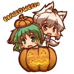  animal_ears blush_stickers chibi detached_sleeves fang green_eyes green_hair halloween hat in_container inubashiri_momiji kasodani_kyouko kuromiya multiple_girls open_mouth pumpkin pumpkin_hat red_eyes shirt short_hair silver_hair smile tail touhou wolf_ears wolf_tail yellow_eyes 