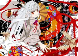  bird eurasian_tree_sparrow hexagon japanese_clothes kimono lantern original red_eyes sakisato_kiriko solo sparrow white_hair 