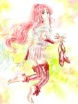  final_fantasy_iv final_fantasy_iv_the_after kneeling long_hair looking_back pink_eyes pink_hair pink_legwear ponytail porom rffcq251 scarf see-through shoes skirt solo thigh-highs thighhighs vertical-striped_legwear vertical_stripes white_legwear 