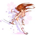  blush breasts bridal_gauntlets brown_eyes brown_hair cleavage collarbone dead_or_alive highres kasumi kodachi leaning_forward looking_at_viewer ninja petals reverse_grip sandals short_sword solo sword tabi thigh-highs thighhighs weapon white_legwear yamaishi108 