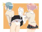  accho_(macchonburike) ass back bear_panties bear_print blue_eyes blue_hair blush camera commentary hair_ornament hair_ribbon hairclip kaname_madoka kyubey mahou_shoujo_madoka_magica miki_sayaka panties pantyshot pink_hair print_panties ribbon school_uniform short_twintails shoryuken shouryuuken skirt skirt_flip skirt_lift twintails underwear white_panties 