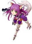  animal_ears armor blush claw_(weapon) claws dragon_maker gauntlets greaves leaning_forward leg_lift long_hair looking_at_viewer matsui_hiroaki purple_hair simple_background smile solo tail 