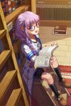  blunt_bangs book braid coat cross flat_chest glasses hair_ornament hairclip jewelry kneehighs ladder library long_hair lowres necklace purple_hair red-framed_glasses shoes shorts solo striped sword_girls 