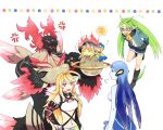  blue_hair glasses gnome gnome_(tales) gradient_hair green_hair ifrit ifrit_(tales) milla_maxwell multicolored_hair navel pale_skin pointy_ears red_eyes sen_nai sylph sylph_(tales) tales_of_(series) tales_of_xillia undine undine_(tales) 