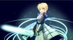  ahoge armor armored_dress blonde_hair dress excalibur fate/stay_night fate_(series) faulds gauntlets glowing glowing_sword glowing_weapon green_eyes hiroshilufia puffy_sleeves saber solo sword weapon 