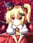  ascot bat blonde_hair blush fang flandre_scarlet hair_ornament halloween hat jack-o&#039;-lantern jack-o'-lantern ominaeshi ominaeshi_(takenoko) pumpkin pumpkin_hair_ornament red_eyes ribbon short_hair side_ponytail skirt smile solo star the_embodiment_of_scarlet_devil touhou wings 