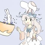  animal_ears apron bag blue_ribbon bunny bunny_ears frills halloween hat irisu_kyouko irisu_syndrome long_dress long_hair open_mouth patches rabbit ribbon silver_hair surprised text white_hair witch_hat 